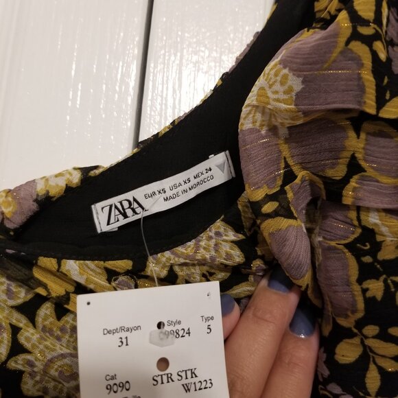 NWT Zara One Shoulder Dress Gold Pleated Floral Mini Ruched Bodycon Formal Dress - Picture 8 of 16